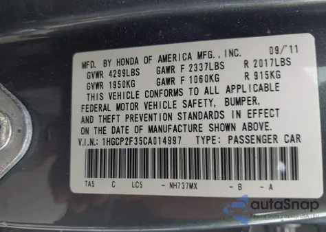 2012 Honda Accord 2.4 Lx from USA, damaged, VIN 1HGCP2F35CA014997